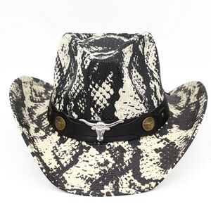 Black & White Steer Head Accent Snake Print Western Cowboy Hat
